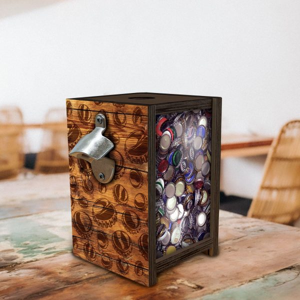 Wooden Bottle Cap Holder Box with Metal Bottle Opener - Walnut Stain - Custom Beer Cap Design Sale - Image 2
