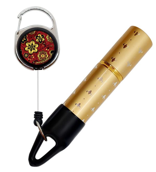 Mister Leash™ - Retractable Clip-on Atomizer for Hand Sanitizers - Red and Gold Floral Design - Refillable Online