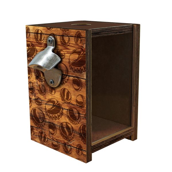 Wooden Bottle Cap Holder Box with Metal Bottle Opener - Walnut Stain - Custom Beer Cap Design Sale - Image 3