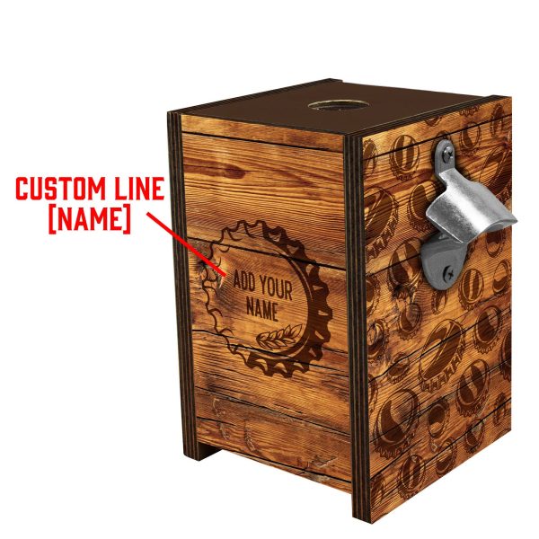 Wooden Bottle Cap Holder Box with Metal Bottle Opener - Walnut Stain - Custom Beer Cap Design Sale - Image 5